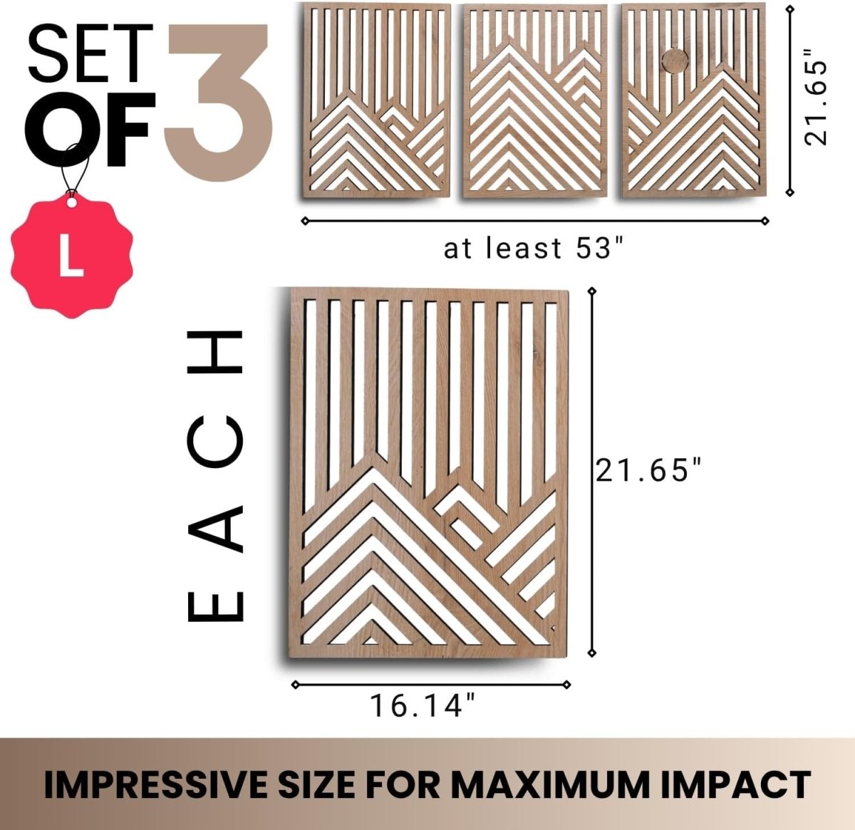 qmmp Modern Wooden Wall Sculptures - Set of 3 - MDF - Oak - Home Decor Accent - Large Wall Art for Living Room, Bedroom, Office - Easy Installation (Oak, Medium - Mountain and Sun, Unframed) - Homesidy.com