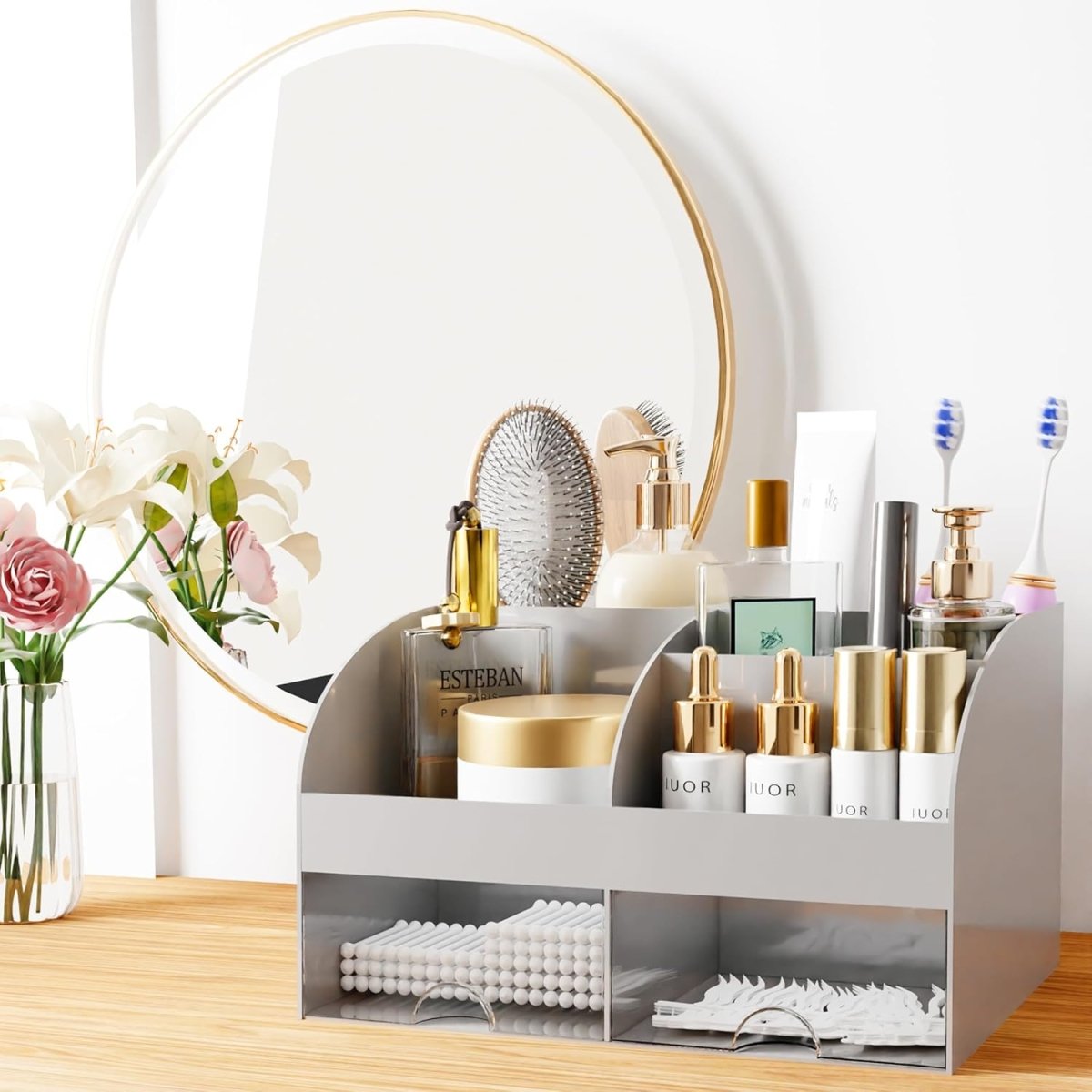 Makeup Organizer with Drawers, Cosmetic Storage for Dresser Vanity and Bathroom Countertop, Beauty Holder for Lipstick Brush, Skincare Organizer for Vanity, Cosmetic Display Case (White) - Homesidy.com