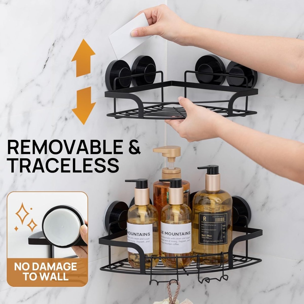 LEVERLOC Corner - adaptive Suction Cup Shower Caddies 2 Pack, Stainless Steel Rustproof Corner Shower Shelf, Large Capacity Removable Suction Cup Bathroom Organizer, Drill - Free Wall Mounted Basket, Gray - Homesidy.com