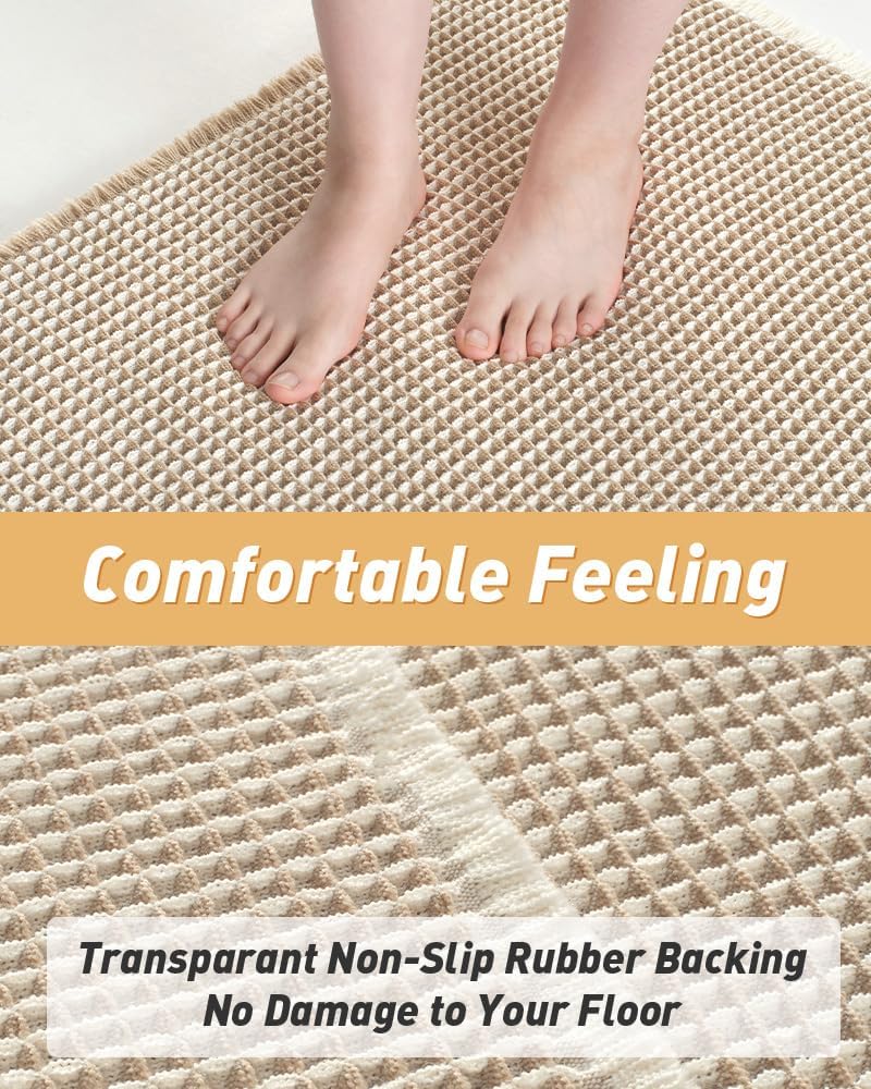 AMOAMI Upgraded Waffle Bath Mat, Super Absorbent Non Slip Bath Mats for Bathroom Floor, Machine Washable Bathroom Rugs with Tassels, Rubber Backed Bathroom Mats, Ultra Soft, 18&34; x 30&34;, Brown - Homesidy.com