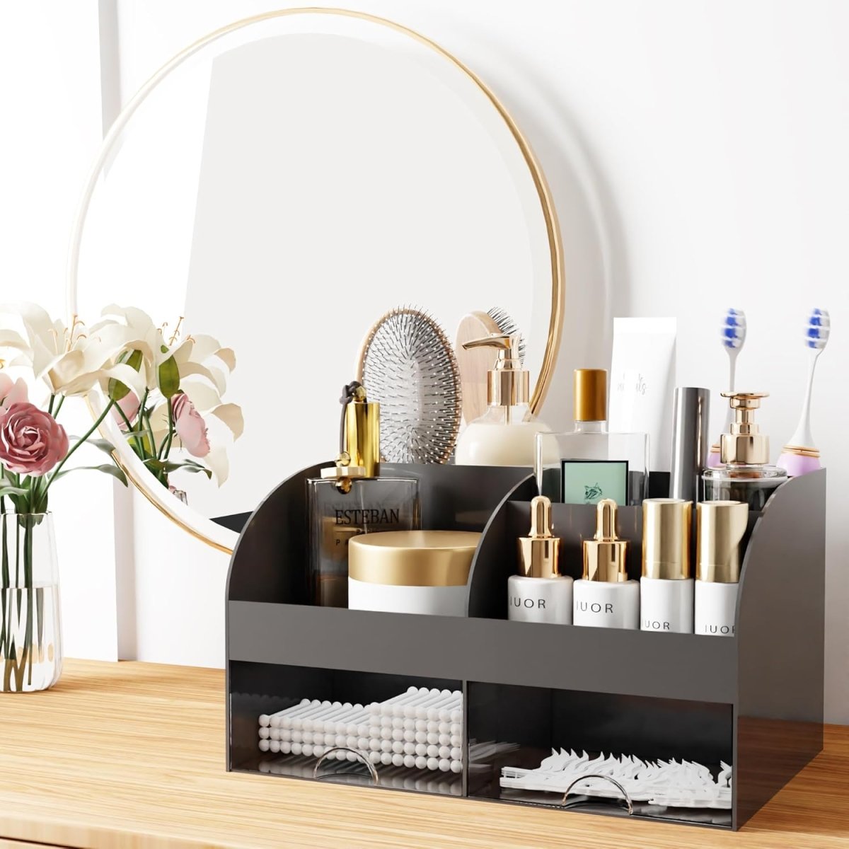 Makeup Organizer with Drawers, Cosmetic Storage for Dresser Vanity and Bathroom Countertop, Beauty Holder for Lipstick Brush, Skincare Organizer for Vanity, Cosmetic Display Case (White) - Homesidy.com