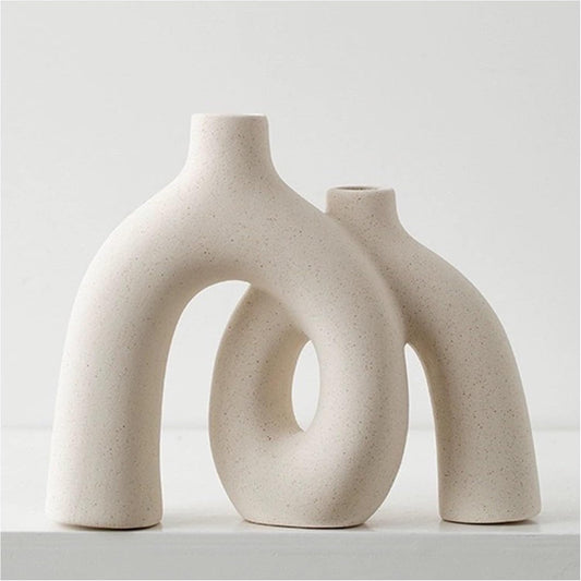 Hug Donut Decorative Vase Set - Modern Nordic Boho Style Vases Home Decor, Matte Ceramic Decorations for Living Room Shelf, Bookshelf Mantle Entryway Table or Console Décor (Cream White) - Homesidy.com