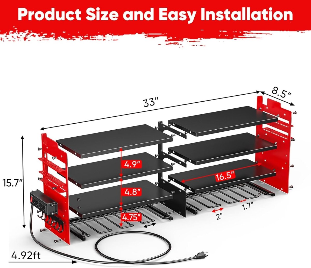 POKIPO Large Power Tool Organizer Wall Mount with Charging Station,4 Layer Heavy Duty Metal Tool Storage Rack Loads 600lbs with 8 Cordless Drill Holder,Battery Utility Rack Loads with 4 Power Strip - Homesidy.com