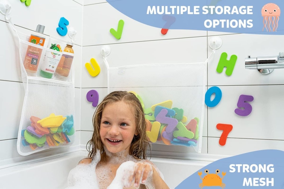 2 x Mesh Bath Toy Organizer 8 Ultra Strong Hooks – The Perfect Bathtub Toy Holder &amp; Bathroom or Shower Caddy – These Multi - use Net Bags Make Baby Bath Toy Storage Easy – For Kids &amp; Toddlers - Homesidy.com
