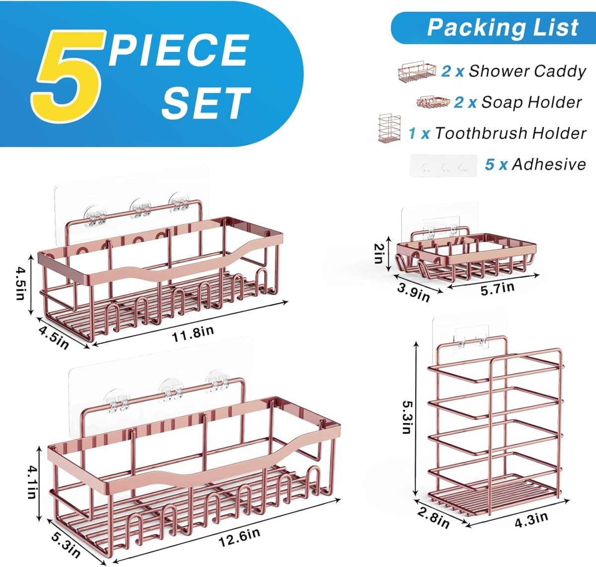 EUDELE Adhesive Shower Caddy, 5 Pack Rustproof Stainless Steel Bath Organizers With Large Capacity, No Drilling Shelves for Bathroom Storage &amp; Home Decor - Homesidy.com
