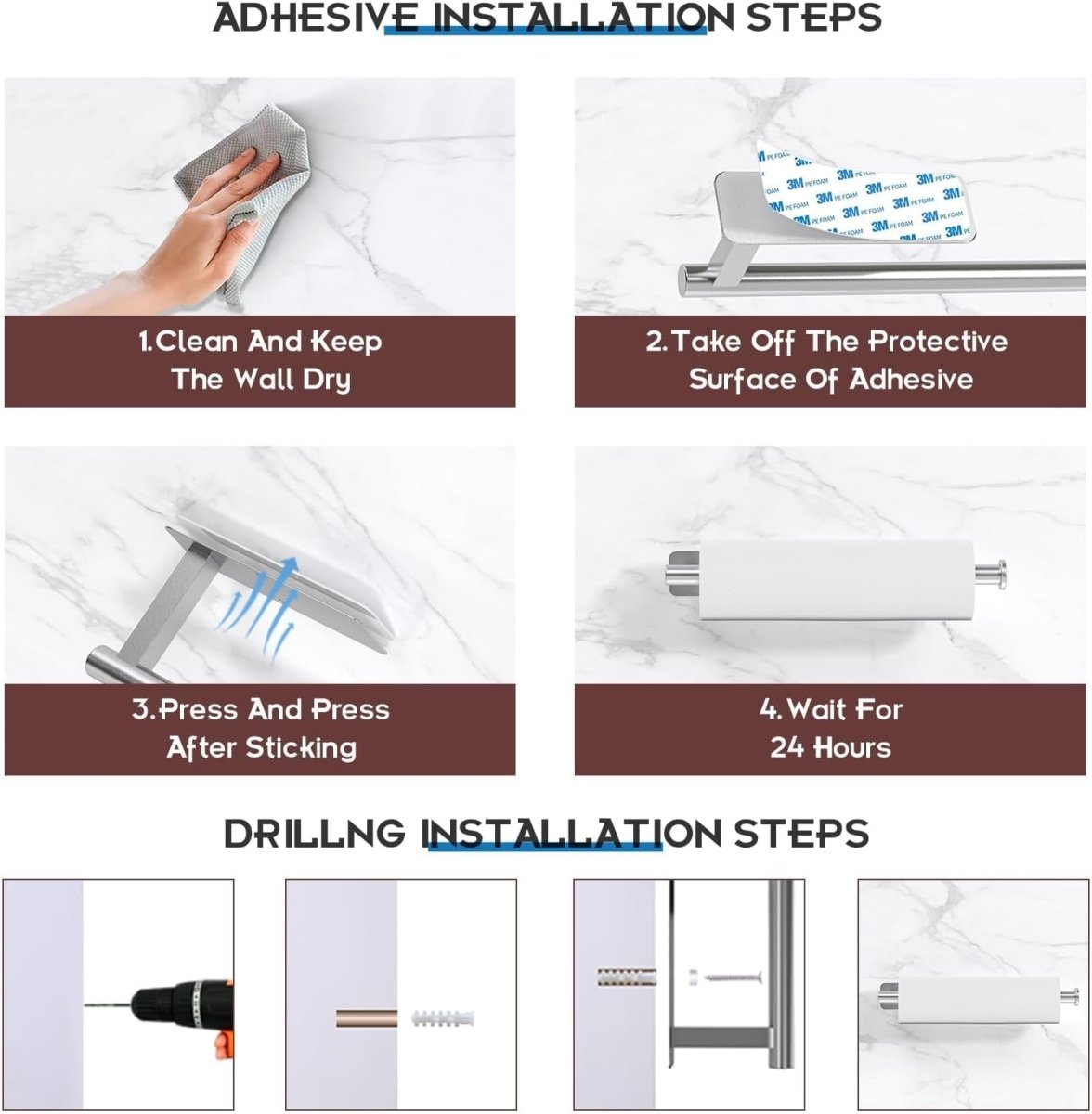 ASTOFLI Paper Towel Holder Under Cabinet No Drilling, Self Adhesive Paper Towel Holder Wall Mount for Kitchen Rack, Under Counter Napin Holder No Drill, 304 Stainless Steel Matte Black - Homesidy.com