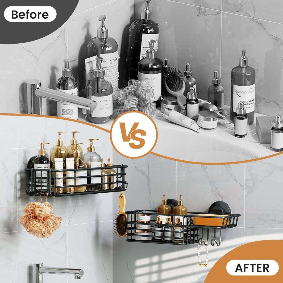 LEVERLOC Shower Caddy Suction Cup, 2 Pack Shower Shelves for Inside Shower with Hooks &amp; Soap Holder, NO - Drilling Bathroom Shower Organizer, Rustproof Meatl Shower Holder Storage, Black - Homesidy.com