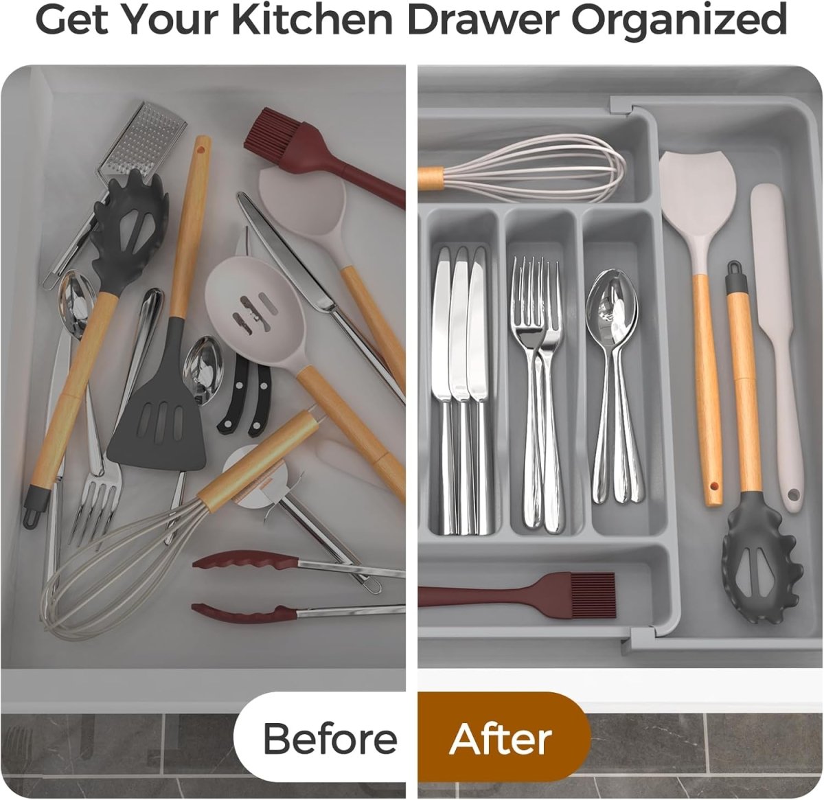 ukeetap Extra Large Expandable Silverware Organizer, BPA - Free Food - Safe Cutlery Flatware Organizer, Kitchen Utensil Drawer Organizer, Adjustable Silverware Holder for Spoons Forks Knives, Black - Homesidy.com