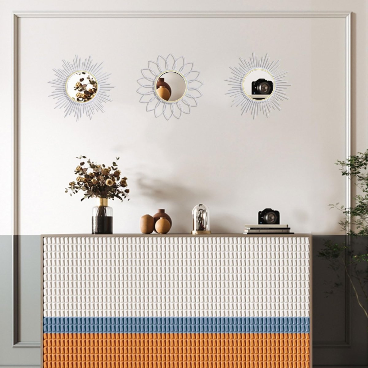 3 Pack Metal Mirrors for Wall Sunburst Wall Mirrors Home Décor Decorative Hanging Wall Art for Living Room Bedroom Entryway (Gold, Flower Sunburst) - Homesidy.com