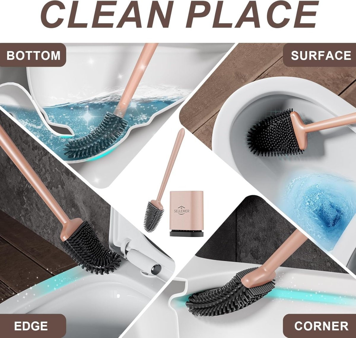 Sellemer Toilet Brush and Holder Set - Flexible Toilet Bowl Brush Head with Silicone Bristles, Compact Size for Storage and Organization, Ventilation Slots Base (1 Pack, Silver) - Homesidy.com