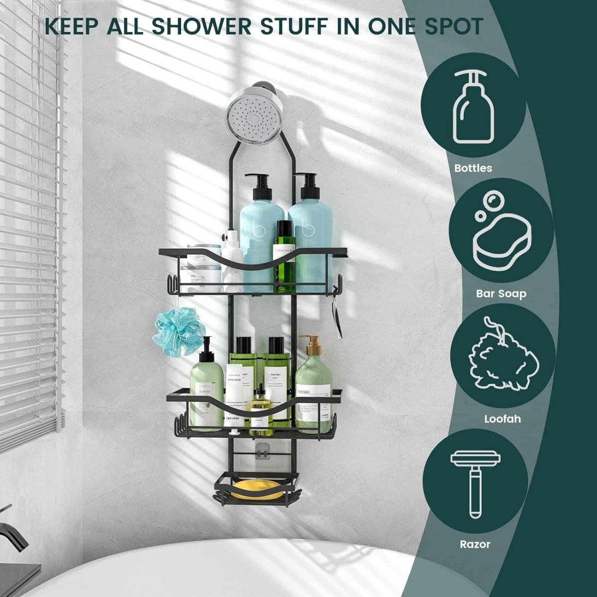 Shower Caddy Hanging Adjustable Shower Caddy, Rustproof Shower Organizer Extended Length Shower Caddy Over Shower Head with Hooks Soap Holder, Large Capacity Anti - Swing Bathroom Organizer, Black - Homesidy.com