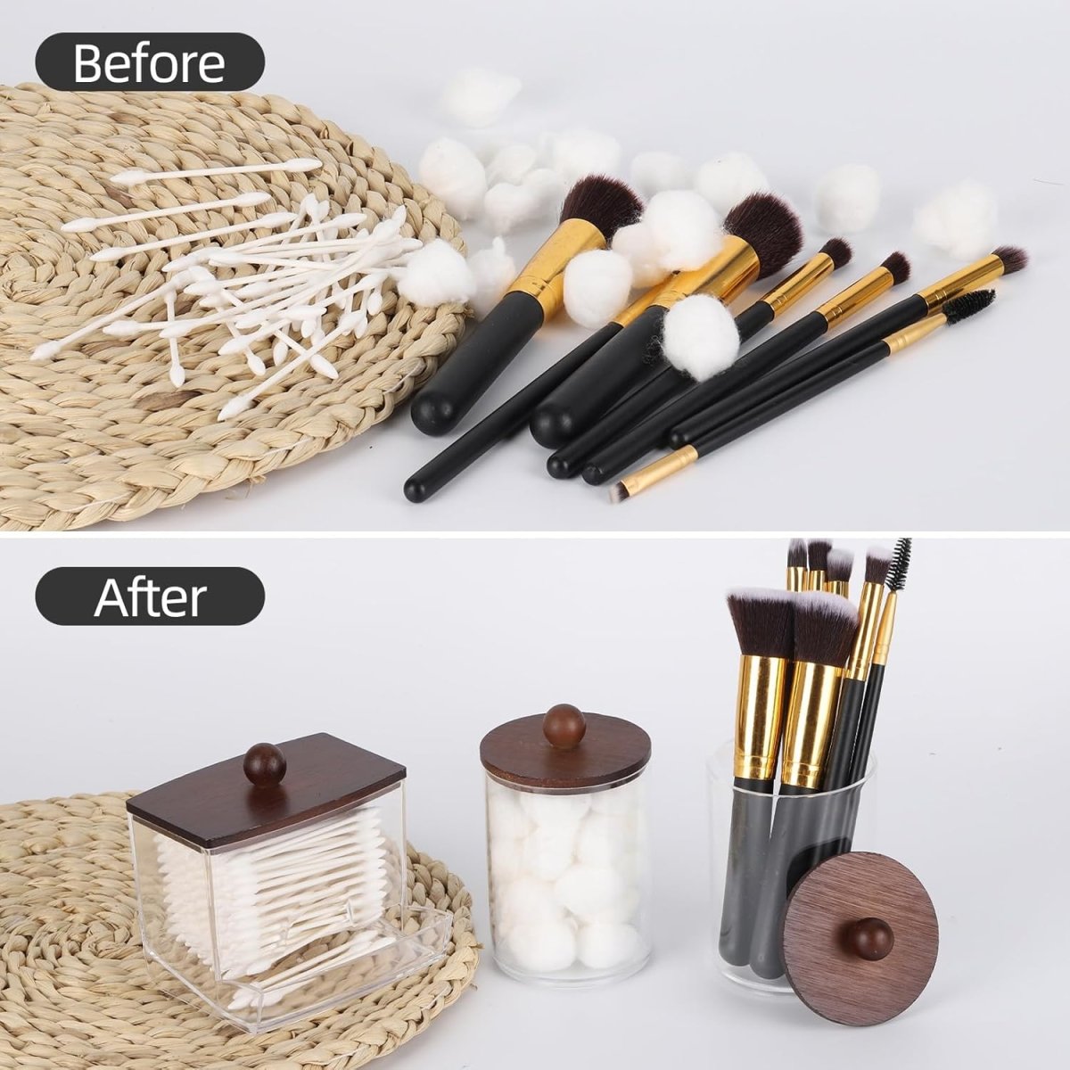 Tbestmax Qtips Holder Bathroom Container, 10 OZ Cotton Ball/Swabs Dispenser, Apothecary Jar Organizer for Storage Brown Wood Lids - Homesidy.com