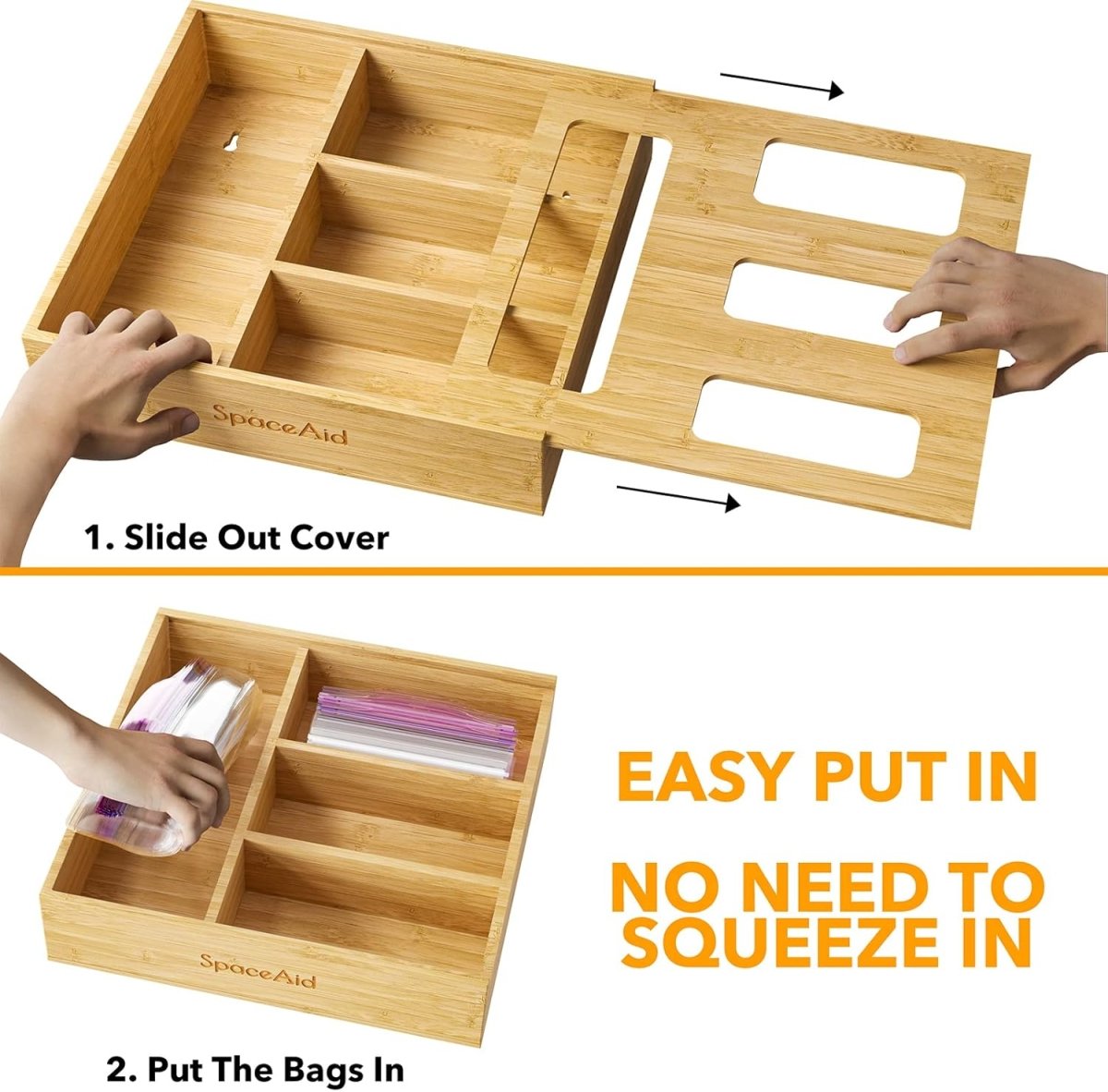 SpaceAid Bag Storage Organizer for Kitchen Drawer, Bamboo Organizer, Compatible with Gallon, Quart, Sandwich and Snack Variety Size Bag (1 Box 4 Slots) - Homesidy.com