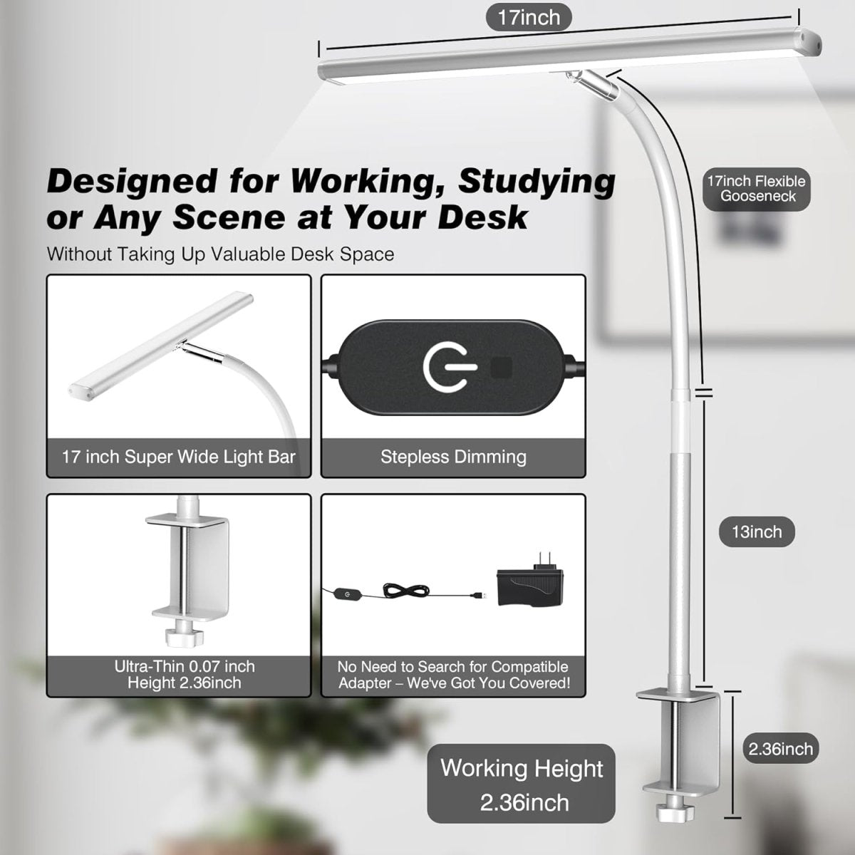 Airlonv LED Desk Lamp for Office Home, Eye - Caring Desk Light with Stepless Dimming Adjustable Flexible Gooseneck, 10W USB Adapter Desk Lamp with Clamp for Reading, Study, Workbench (Black) - Homesidy.com