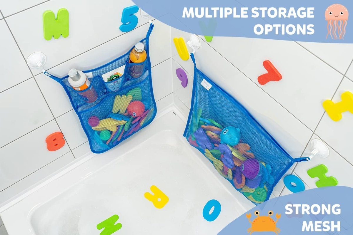2 x Mesh Bath Toy Organizer 8 Ultra Strong Hooks – The Perfect Bathtub Toy Holder &amp; Bathroom or Shower Caddy – These Multi - use Net Bags Make Baby Bath Toy Storage Easy – For Kids &amp; Toddlers - Homesidy.com