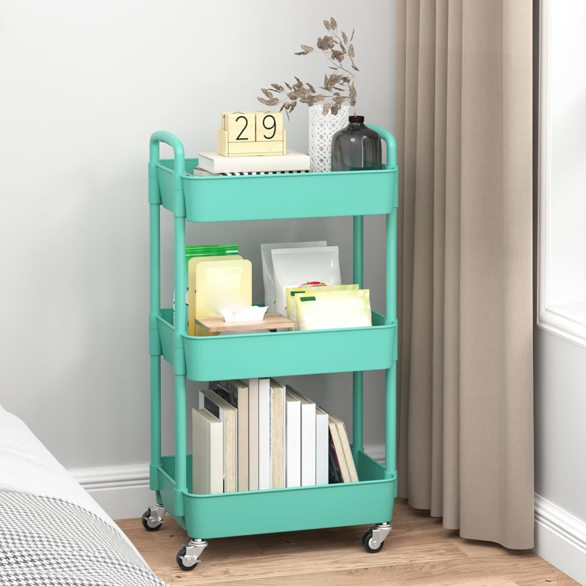 Sywhitta 3 - Tier Plastic Rolling Utility Cart with Handle, Multi - Functional Storage Trolley for Office, Living Room, Kitchen, Movable Storage Organizer with Wheels, White - Homesidy.com