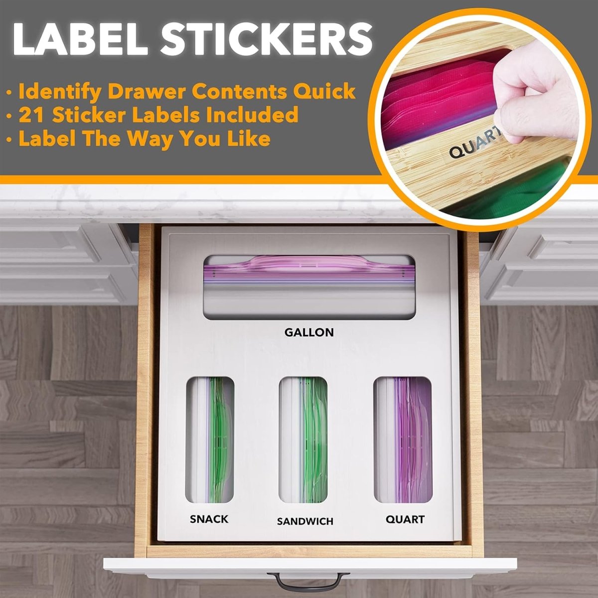 SpaceAid Bag Storage Organizer for Kitchen Drawer, Bamboo Organizer, Compatible with Gallon, Quart, Sandwich and Snack Variety Size Bag (1 Box 4 Slots) - Homesidy.com