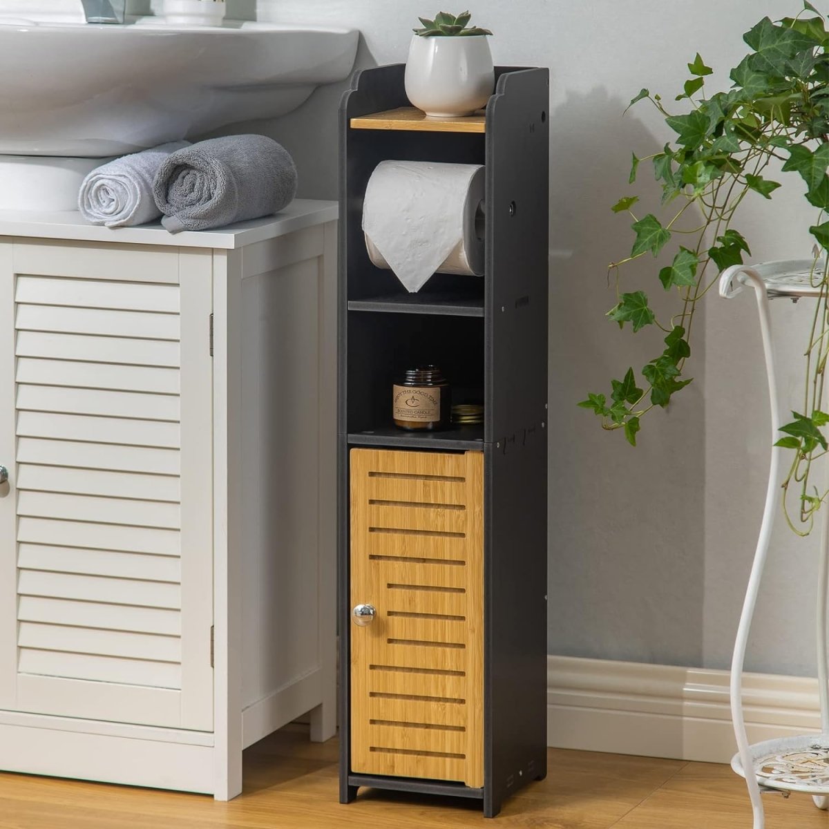 AOJEZOR Toilet Paper Holder Stand: No Drill PVC Small Bathroom Cabinet for Apartment Dwellers - Rental Deposit Protection - Small Space Storage Saving - Homesidy.com