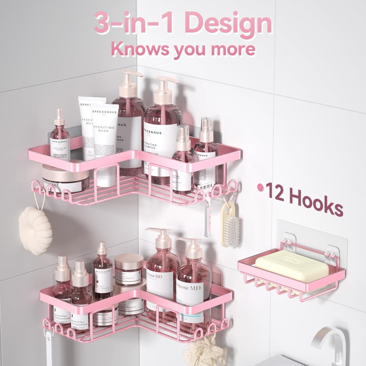 YASONIC Corner Adhesive Shower Caddy, with Soap Holder and 12 Hooks, Rustproof Stainless Steel Bathroom Organizer, No Drilling Wall Mounted Rack, Black, 3 - Pack - Homesidy.com