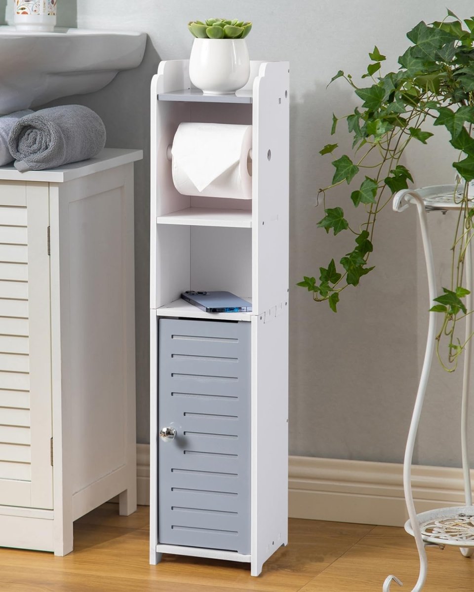 AOJEZOR Toilet Paper Holder Stand: No Drill PVC Small Bathroom Cabinet for Apartment Dwellers - Rental Deposit Protection - Small Space Storage Saving - Homesidy.com