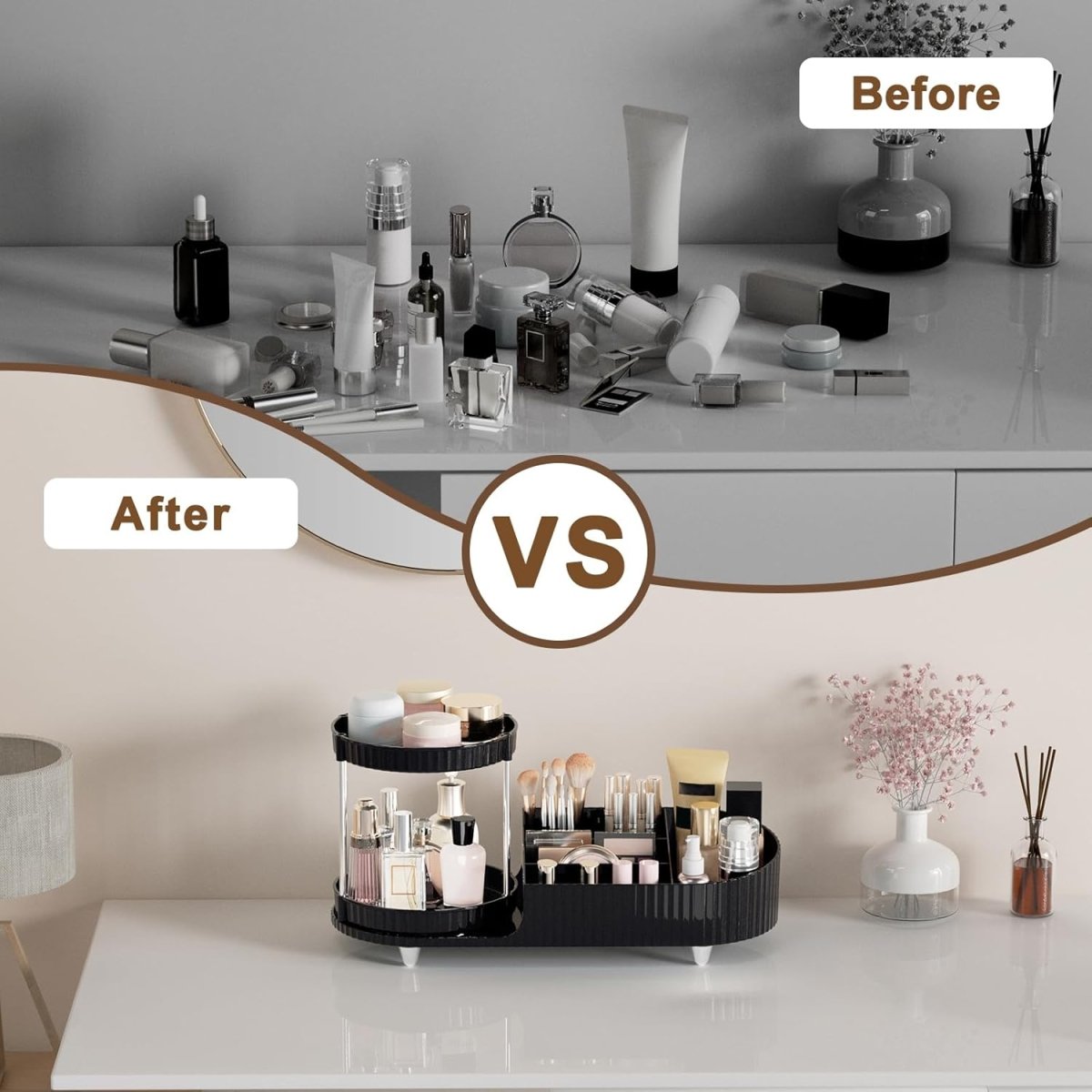 Makeup Organizer Countertop for Vanity, Rotating Perfume Tray with 5 - compartment Cosmetic and Skincare Organizers, Multi - Purpose Desk Storage Makeup Brush Holder for Bathroom Bedroom Counter - Homesidy.com