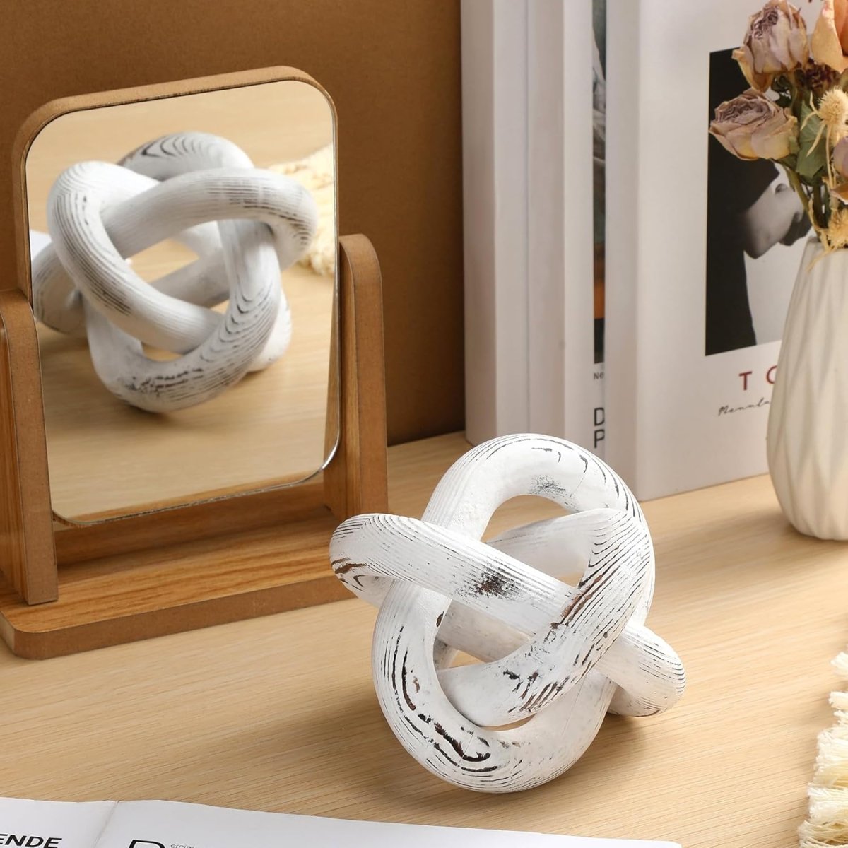 Yalikop 3 Link Wood Knot Decor - Hand Carved Coffee Table Decoration, Boho Chain Link Decor, Modern Shelf, Rustic Objects for Home Living Room Bedroom(White) - Homesidy.com