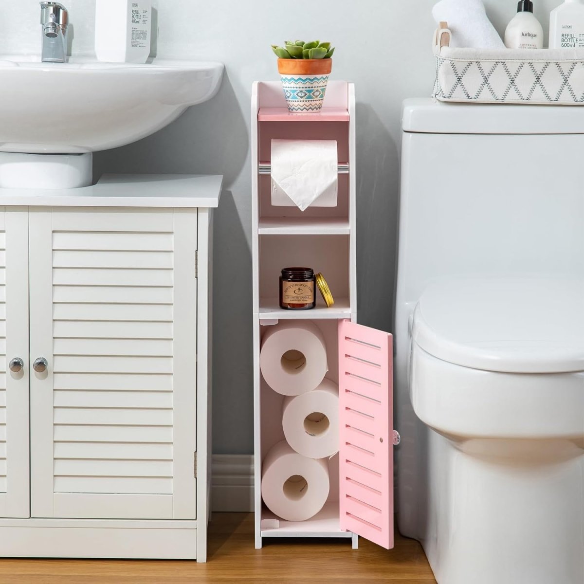 AOJEZOR Toilet Paper Holder Stand: No Drill PVC Small Bathroom Cabinet for Apartment Dwellers - Rental Deposit Protection - Small Space Storage Saving - Homesidy.com