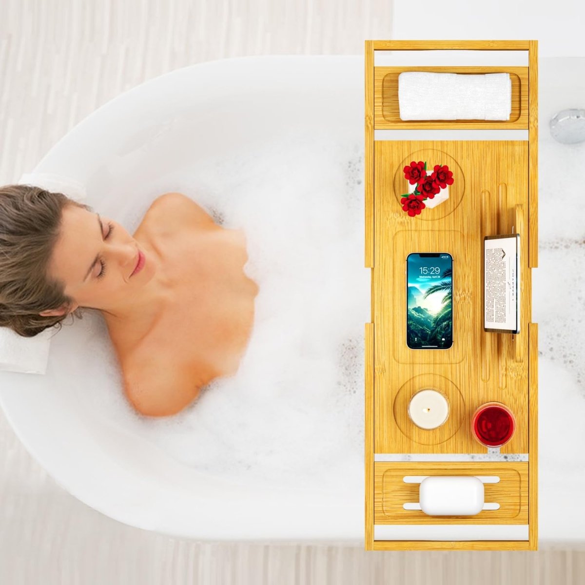 Bathtub Tray Caddy - Bath Tray - Bath Tub Tray Caddy - Bamboo Bath Table Tray for Tub - Expandable Size, Fits Most Tubs - Homesidy.com