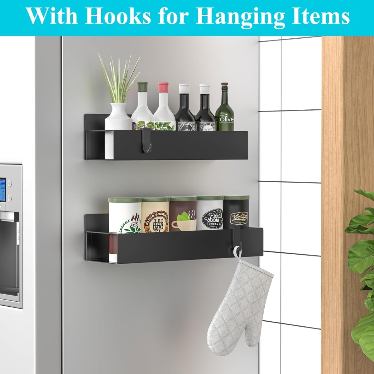 HuggieGems Metal 4 Pack Magnetic Spice Storage Rack Organizer for Refrigerator and Oven, Black Fridge Organizers and Storage - Homesidy.com