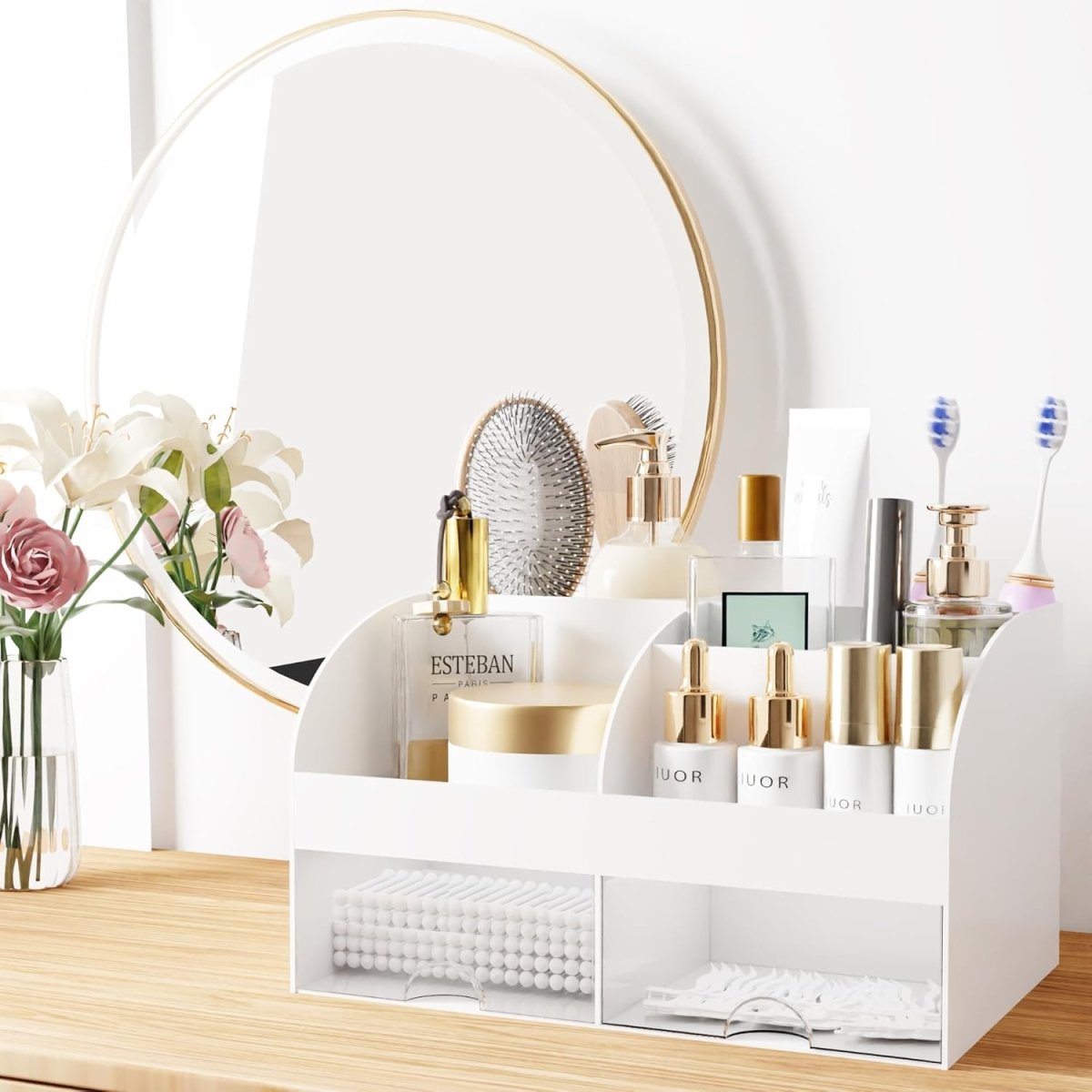 Makeup Organizer with Drawers, Cosmetic Storage for Dresser Vanity and Bathroom Countertop, Beauty Holder for Lipstick Brush, Skincare Organizer for Vanity, Cosmetic Display Case (White) - Homesidy.com