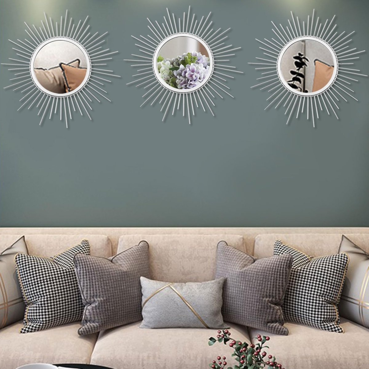 3 Pack Metal Mirrors for Wall Sunburst Wall Mirrors Home Décor Decorative Hanging Wall Art for Living Room Bedroom Entryway (Gold, Flower Sunburst) - Homesidy.com