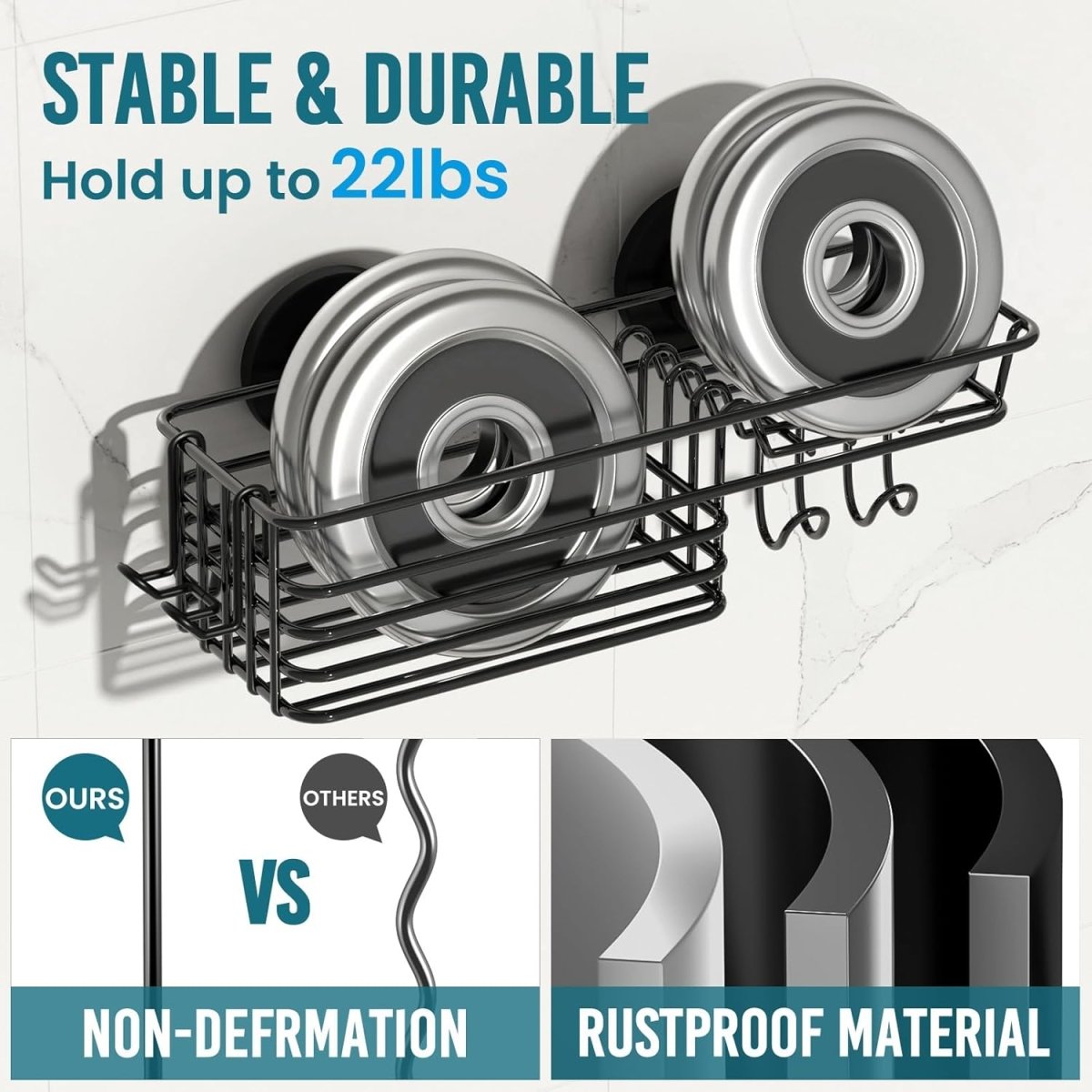 TAILI Shower Caddy Suction Cup 2 Pack with Hooks &amp; Soap holder, Heavy Duty Shower Organizer for Bathroom, No Drilling Bathroom Organizer with Large Capacity, Black Metal Storage Basket - Homesidy.com
