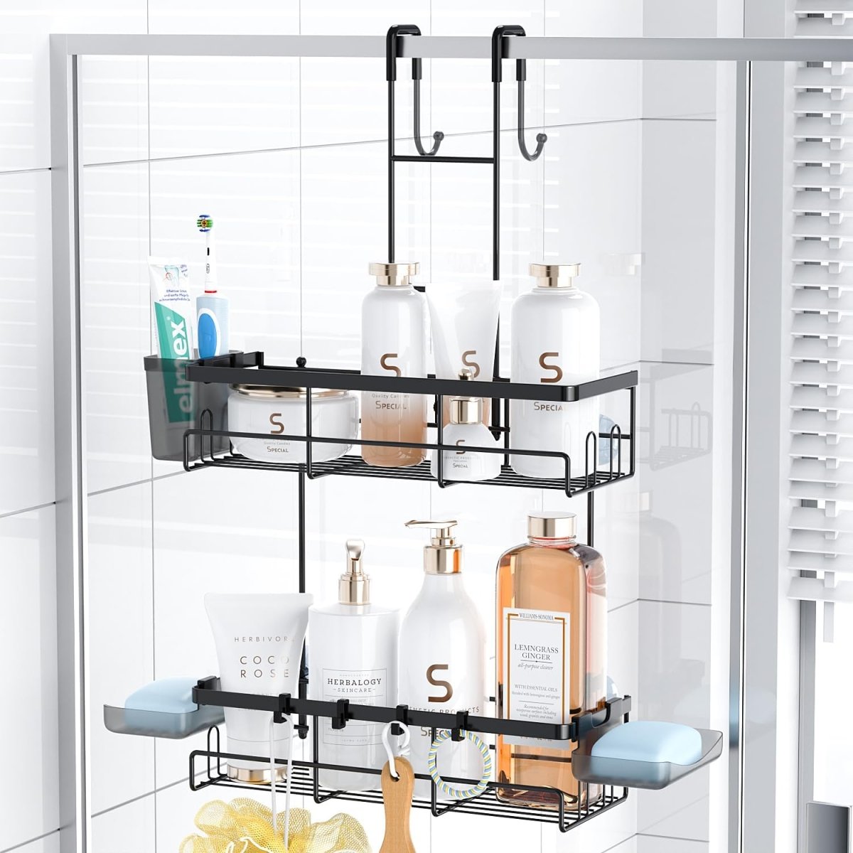 Aitatty Over the Door Shower Caddy Hanging: Black Rustproof Shower Organizer over the Door - No Drilling Bathroom Rack for Inside - Homesidy.com