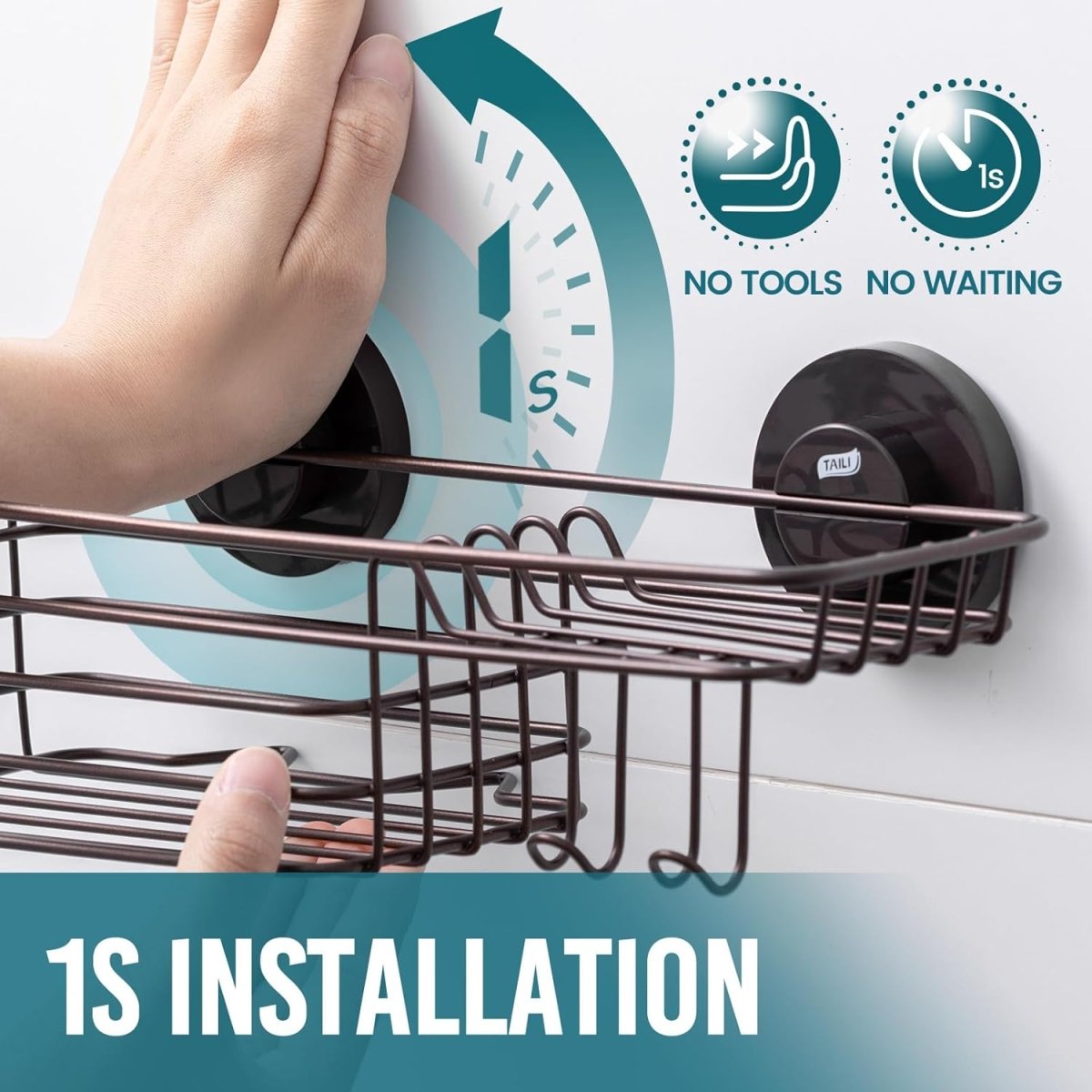 TAILI Shower Caddy Suction Cup 2 Pack with Hooks &amp; Soap holder, Heavy Duty Shower Organizer for Bathroom, No Drilling Bathroom Organizer with Large Capacity, Black Metal Storage Basket - Homesidy.com