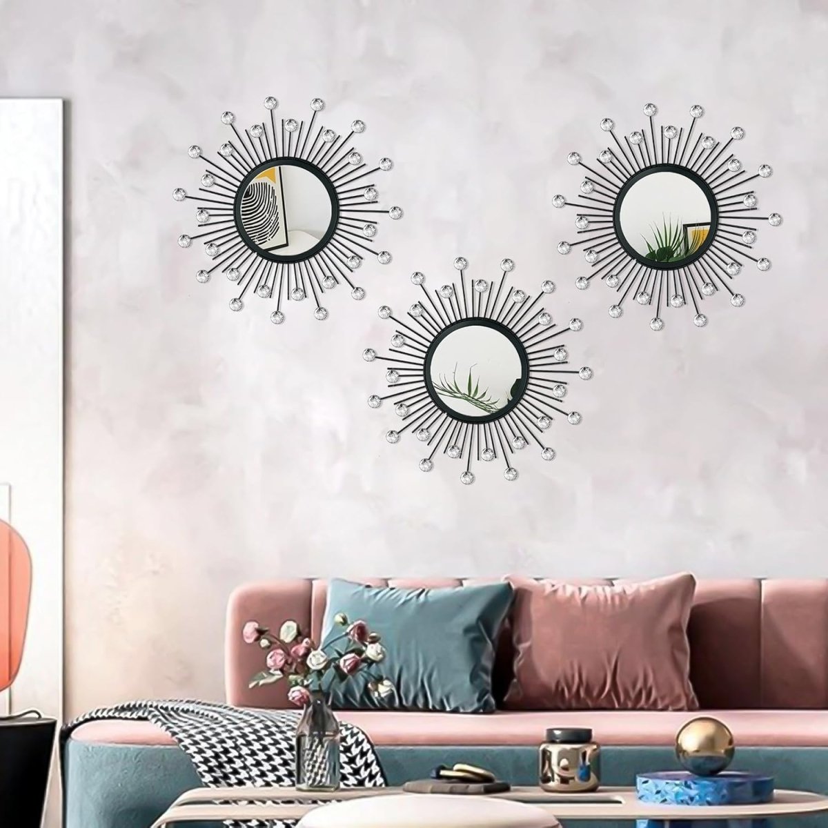 3 Pack Metal Mirrors for Wall Sunburst Wall Mirrors Home Décor Decorative Hanging Wall Art for Living Room Bedroom Entryway (Gold, Flower Sunburst) - Homesidy.com