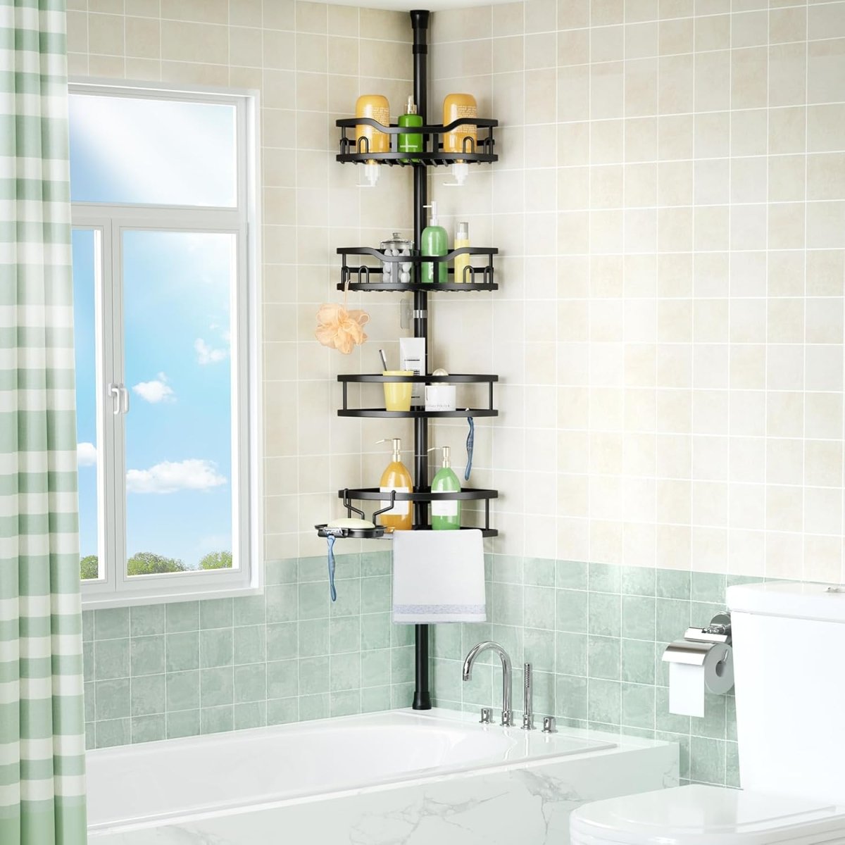 HAMITOR Corner Shower Caddy Tension Pole: Rustproof 4 - Tier Bathroom Organizer Shelves for Bathtub Shampoo Storage - 47 - 121 Inch Quick Install Adjustable Rod Standing Rack with Soap Rack - Silver Gray - Homesidy.com