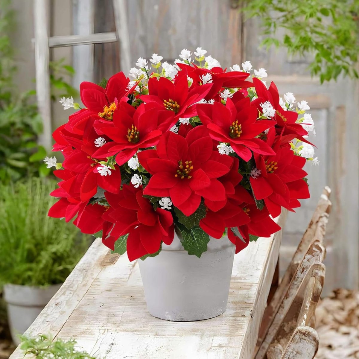 MOIAVAN 12 Bunches Poinsettias Artificial Christmas Flowers for Outdoors,14 Fake Red Poinsettias Faux Eucalyptus Plants UV Resistant for Home Planters Garden Porch Christmas Winter Spring Décor - Homesidy.com