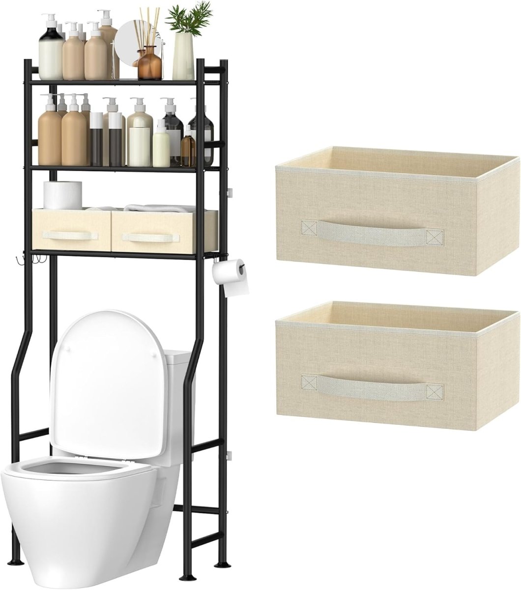 GloTika 3 - Tier Over The Toilet Storage, Space Saver Metal Bathroom Shelves, Freestanding Above Over Toilet Storage Shelf with 4 Hooks for Bathroom, Black - Homesidy.com