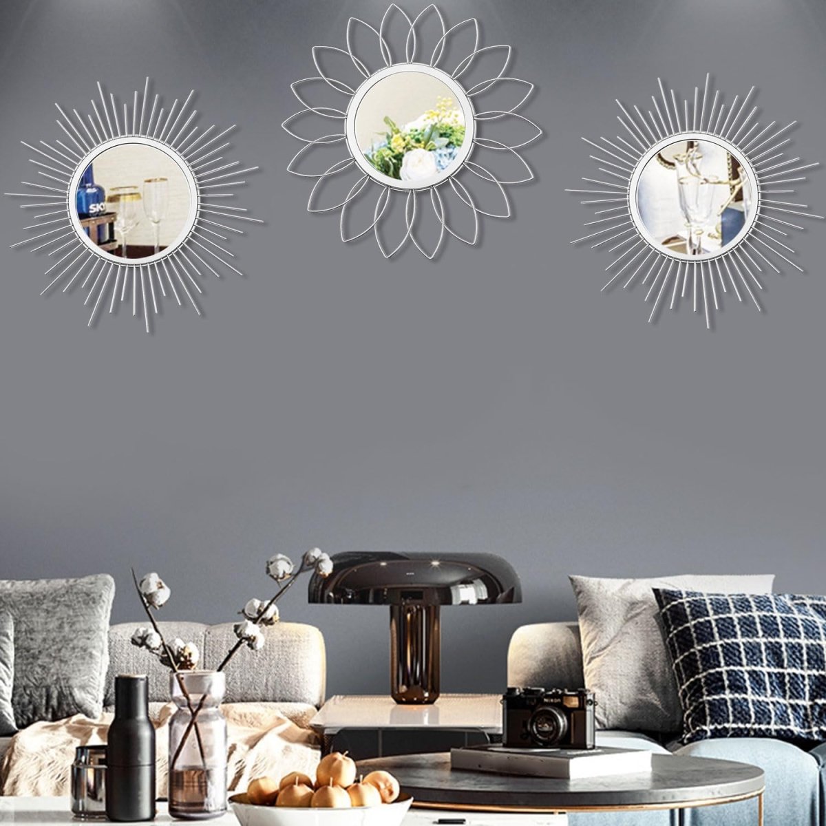 3 Pack Metal Mirrors for Wall Sunburst Wall Mirrors Home Décor Decorative Hanging Wall Art for Living Room Bedroom Entryway (Gold, Flower Sunburst) - Homesidy.com