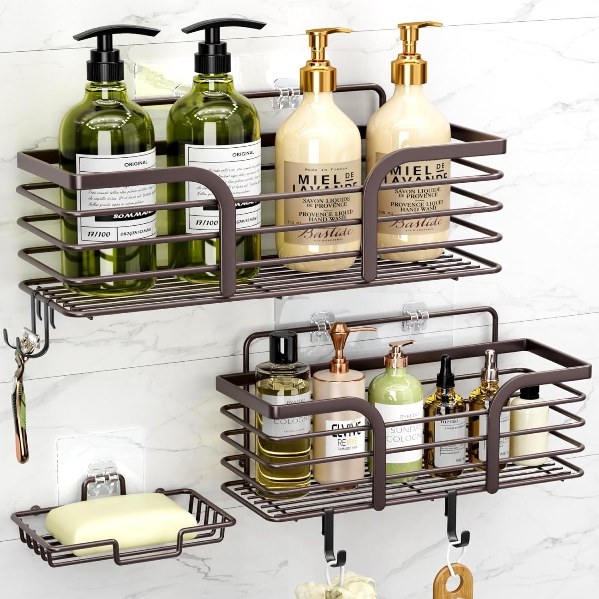Shower Caddy, Adhesive Shower Organizer with Soap Dish and 4 Hooks, Rustproof Stainless Steel Shower Shelves, Wall Mounted No Drilling Storage Shelf Basket Accessories for Bathroom &amp; Kitchen - Homesidy.com