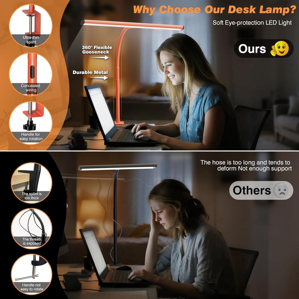 Airlonv LED Desk Lamp for Office Home, Eye - Caring Desk Light with Stepless Dimming Adjustable Flexible Gooseneck, 10W USB Adapter Desk Lamp with Clamp for Reading, Study, Workbench (Black) - Homesidy.com