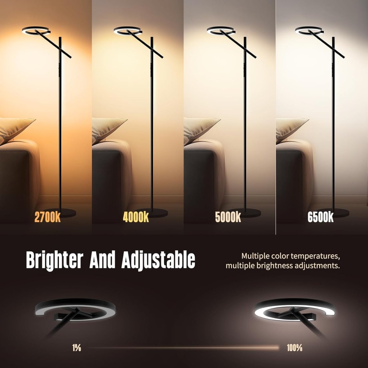 GLOWRIUM Smart Light Therapy Lamp, 10000 Lux UV - Free Sun Lamp, 2700 - 6500K Floor Lamp Therapy Light, Stepless Dimmable Energy Sunlight with App &amp; Remote, Timer, Cozy Light Settings for Winding Down - Homesidy.com
