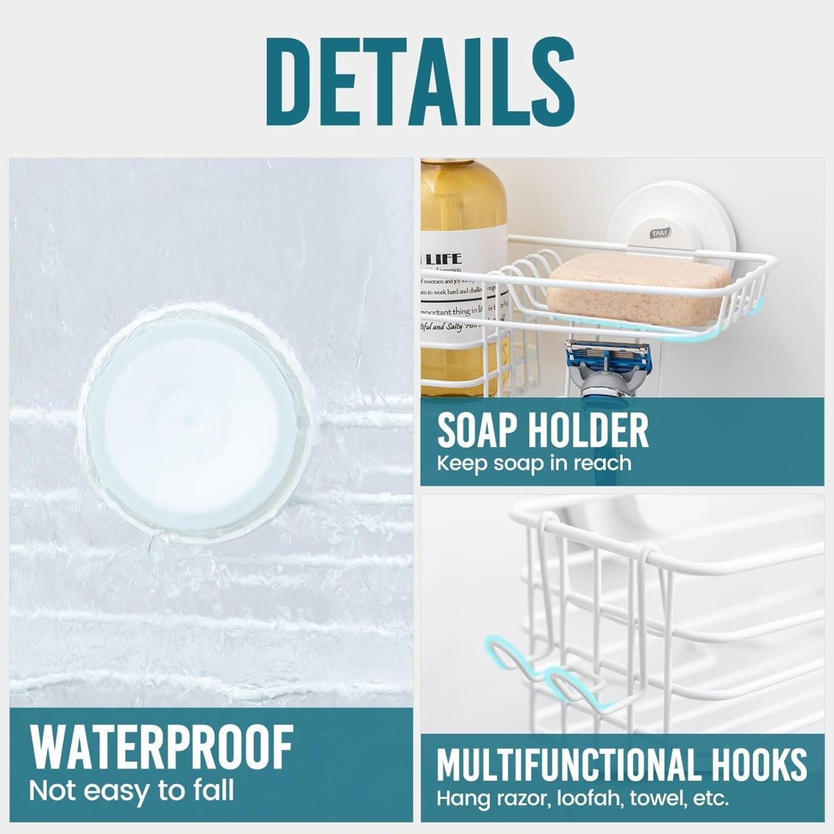 TAILI Shower Caddy Suction Cup 2 Pack with Hooks &amp; Soap holder, Heavy Duty Shower Organizer for Bathroom, No Drilling Bathroom Organizer with Large Capacity, Black Metal Storage Basket - Homesidy.com