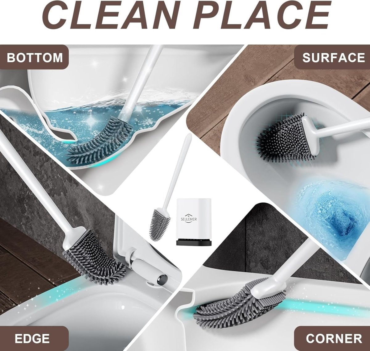Sellemer Toilet Brush and Holder Set - Flexible Toilet Bowl Brush Head with Silicone Bristles, Compact Size for Storage and Organization, Ventilation Slots Base (1 Pack, Silver) - Homesidy.com