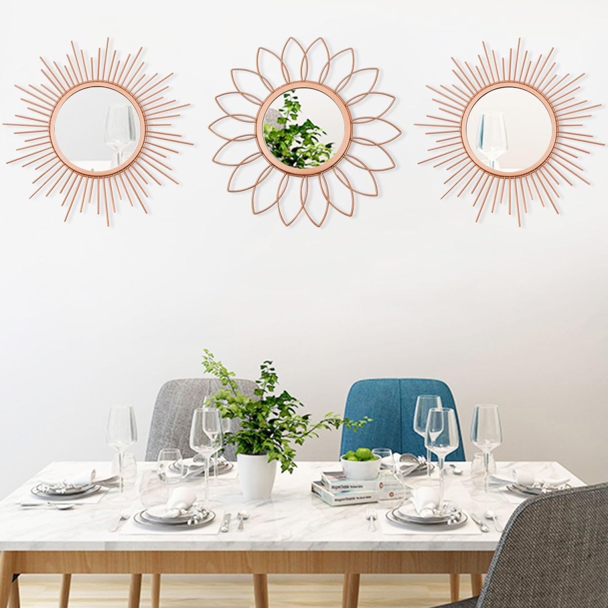 3 Pack Metal Mirrors for Wall Sunburst Wall Mirrors Home Décor Decorative Hanging Wall Art for Living Room Bedroom Entryway (Gold, Flower Sunburst) - Homesidy.com