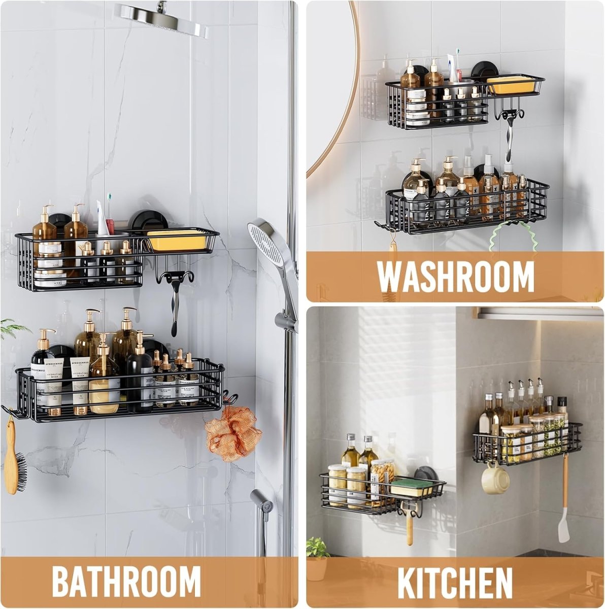 LEVERLOC Shower Caddy Suction Cup, 2 Pack Shower Shelves for Inside Shower with Hooks &amp; Soap Holder, NO - Drilling Bathroom Shower Organizer, Rustproof Meatl Shower Holder Storage, Black - Homesidy.com