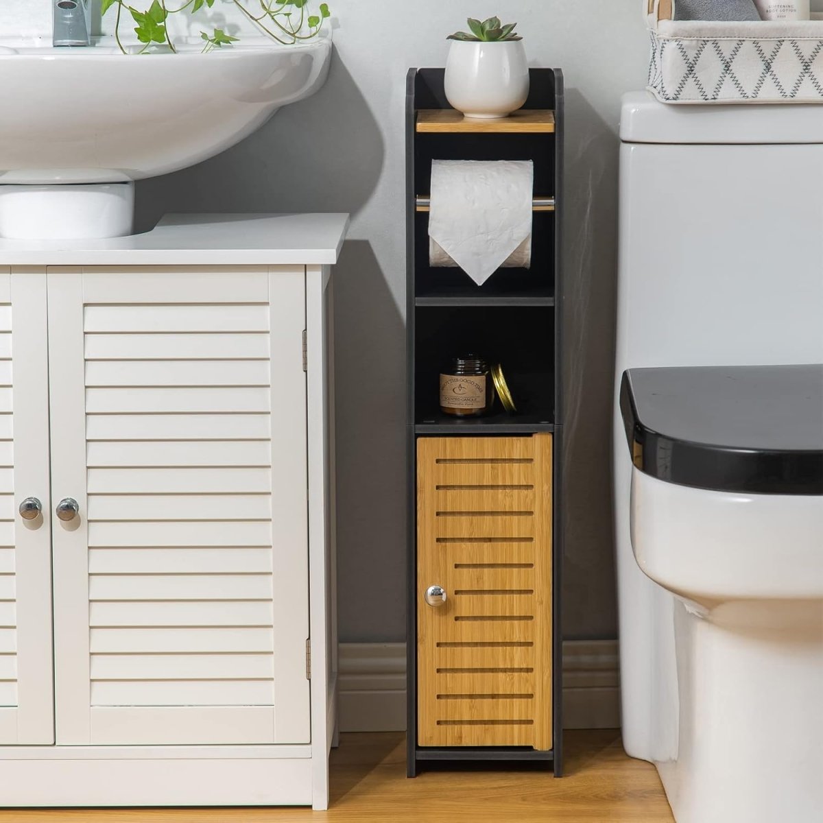 AOJEZOR Toilet Paper Holder Stand: No Drill PVC Small Bathroom Cabinet for Apartment Dwellers - Rental Deposit Protection - Small Space Storage Saving - Homesidy.com