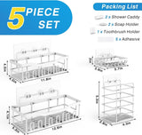 EUDELE 5 - Pack Rustproof Stainless Steel Shower Caddy Set– No Drill Adhesive Bathroom Organizer, Space - Saving Shower Shelves for Apartment Essentials, Bathroom/Kitchen Storage Home Decor - L Size - Homesidy.com