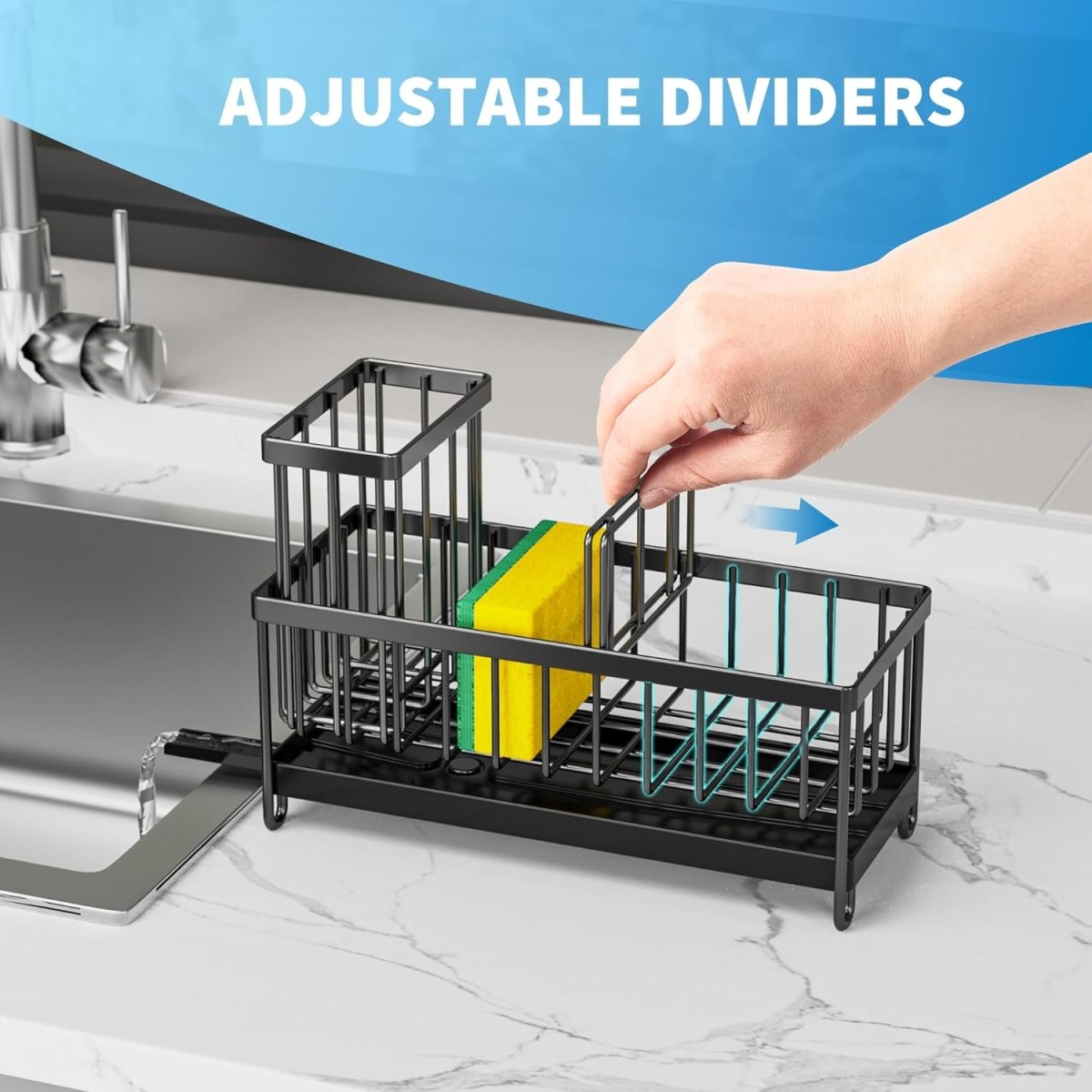 Cisily Black Sponge Holder for Kitchen Sink, Sink Caddy Organizer with High Brush Holder, Kitchen Countertop Organizers and Storage Essentials, Rustproof 304 Stainless Steel, Soap Dispenser Organize - Homesidy.com