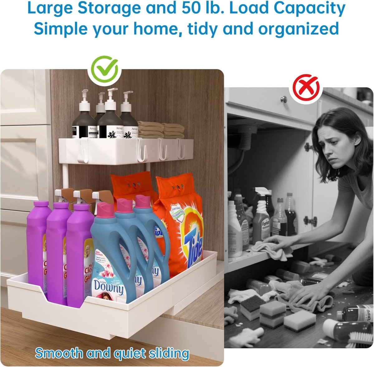 2 Pack Under Sink Organizer 2 Tier Sliding Cabinet Organizers Multi - Purpose Sink Storage Basket L - Shape Narrow Space Storage Shelves with 4 Hook for Kitchen Bathroom Drawer, Black - Homesidy.com